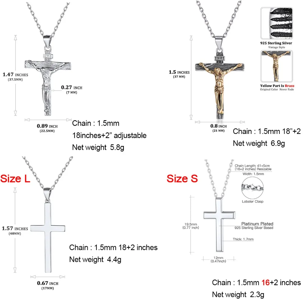 U7 925 collares cruzados de plata esterlina INRI crucifijo Jesús tamaño S/L colgante liso Unisex hombre mujer joyería de la familia cristiana regalo