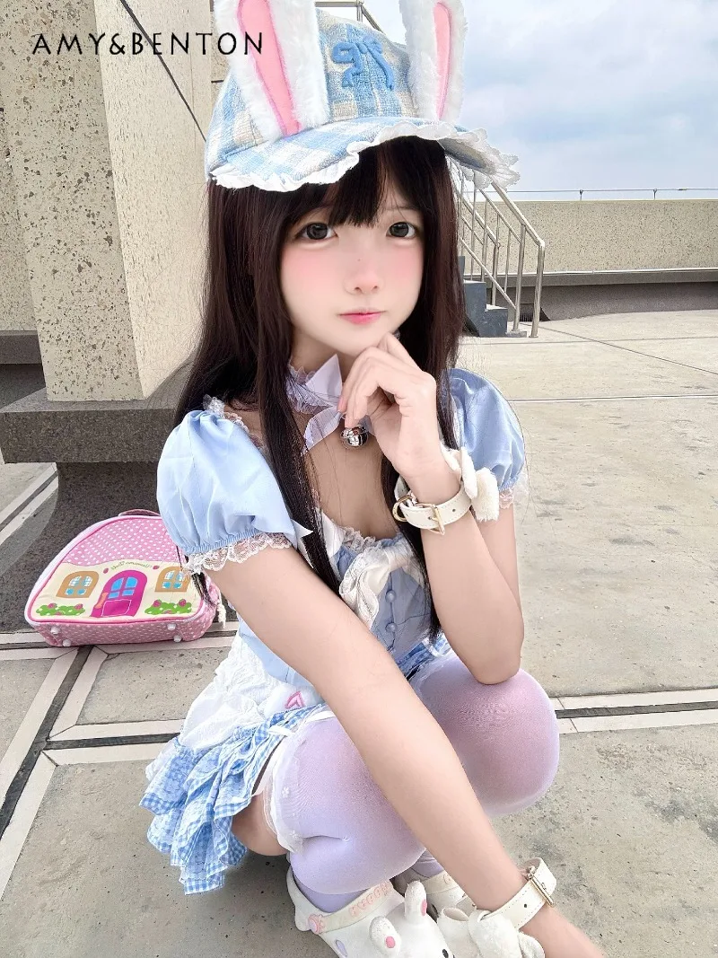 Japanese Anime Girl Lolita Outfit Evening Dresses Sweet Bowknot Puff Sleeve Shirt Patchwork Color Multi-layer Mini Puffy Skirt