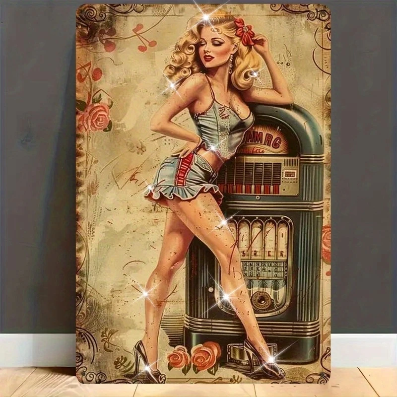 Retro Metal Wall Sign - Vintage 1940s Pin-Up Girl & Jukebox Design, Durable Iron Rustic Wall Art for Bar, Music Room, Antique