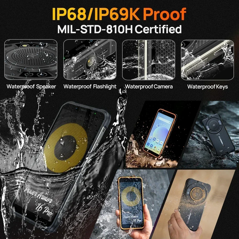 الإصدار العالمي Ulefone Power Armor 16S هاتف ذكي متين يعمل بنظام أندرويد 5.93 بوصة HD + 16GB + 128GB هاتف محمول 50MP 9600mAh Face Unlock NFC