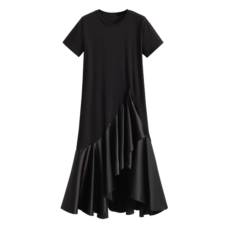 HKSH ฤดูร้อนใหม่ผู้หญิงแฟชั่นรอบคอสั้นเสื้อยืด TOP ชุดแนวโน้ม Patchwork พับ Elegant Dark Chic INS HK9445