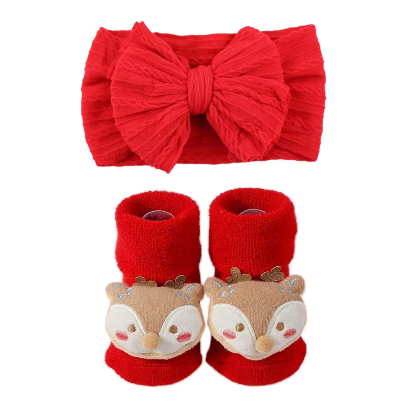 Gift Christmas Nylon Red Bow Headband Baby Infant Warm Socks Newborn Baby Girl Socks Headband Set Children Hair Accessories 0-1T