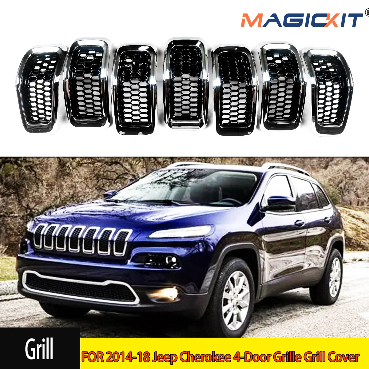 Compatible with 2014-18 Jeep Cherokee 4-Door Grille Grill Cover Trim Insert Kit 7pcs (Black Mesh Grille + Chrome Moulding Trim)