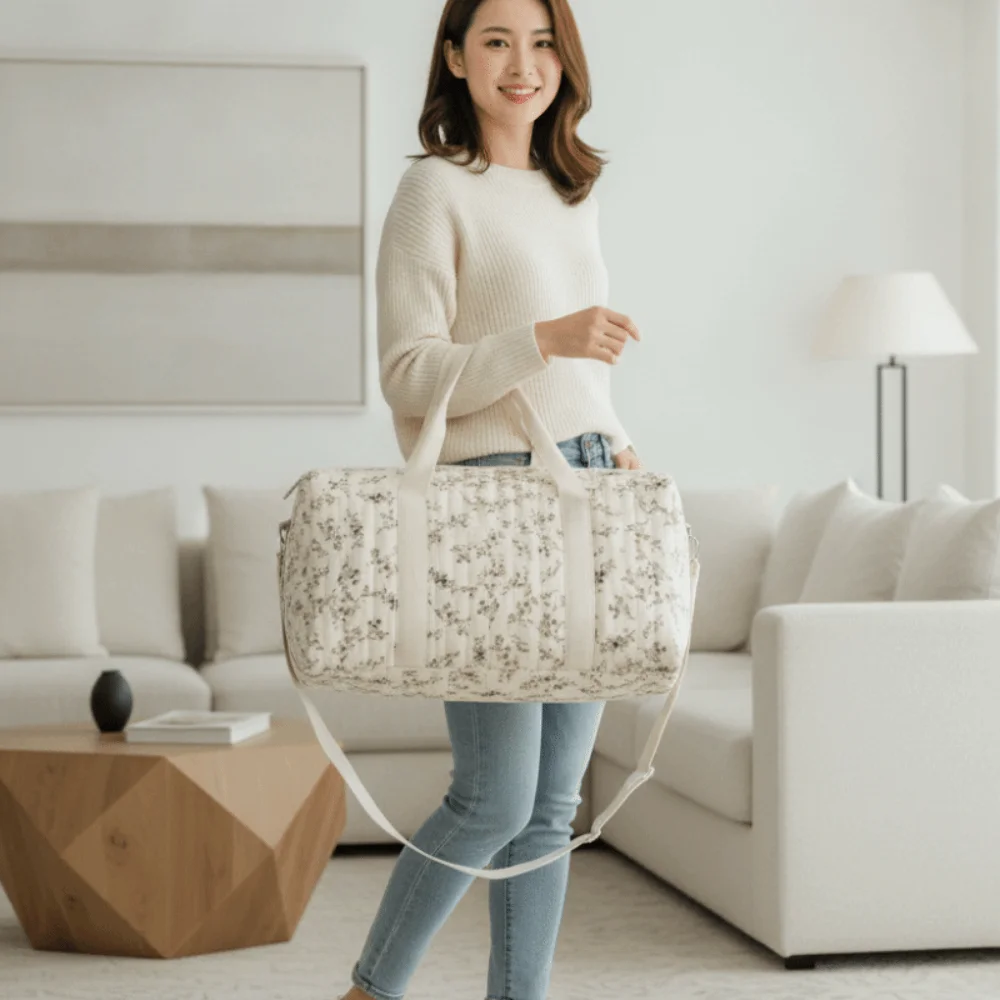 Cotton Duffel Bag Lightweight Cylinder Handbag Large Capacity Soft Diaper Organizer Foldable Washable Mommy Travel Bag Airplane