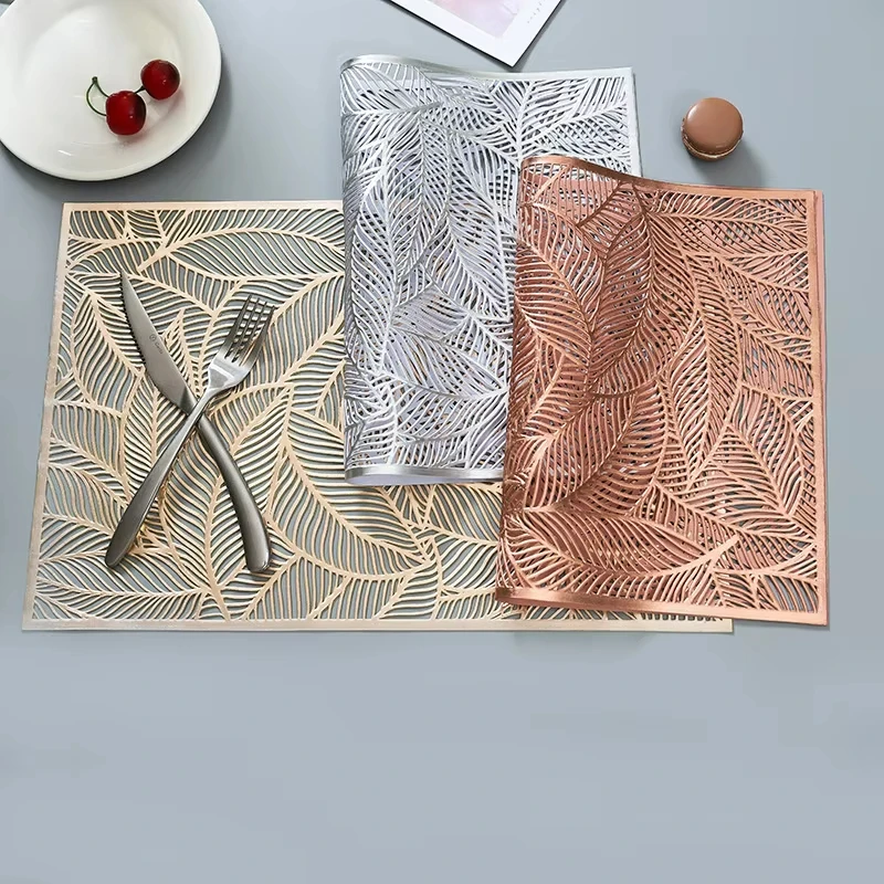 Set of 2/4 Placemat Golden Rectangle Table Mat for Dining Tables Wipeable Leaf Hollow Insulation PVC placemats  Home Modern