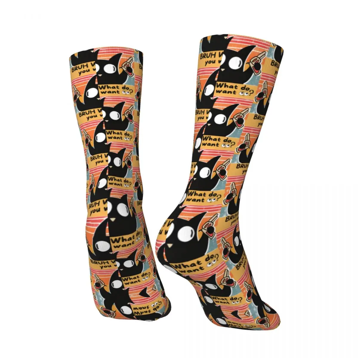 Crazy compression Black Cat With Stikcers BRUH Sock for Men Harajuku Quality Pattern Crew Sock Novelty