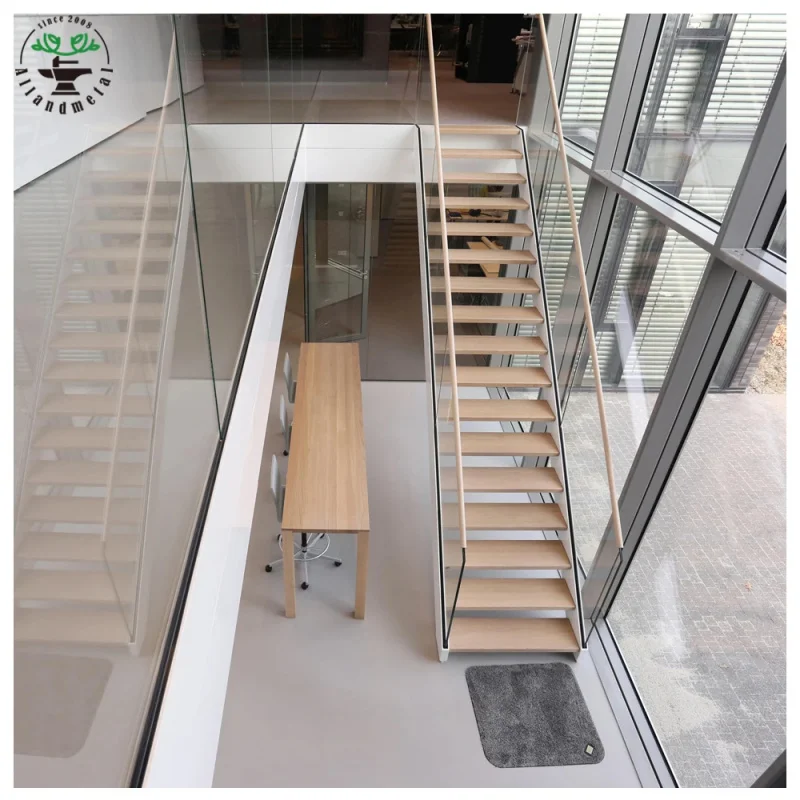 custom.Double Stringer White Design Floating Stairs with Light Wooden Tread Modern Glass Balustrade
