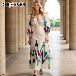 CHICEVER Colorful Printed Long Dress For Women V Neck Lantern Sleeve High Waist Elegant Pleats Dresses Female Autumn Clothes New