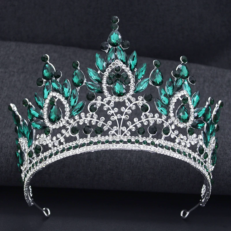 Baroque Pageant Crown Royal Queen Tiaras and Crowns Green Diadem Big Headwear Bridal Wedding Crown Hair Jewelry Prom Headdress