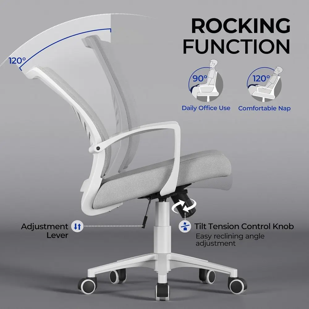 Silla de oficina ergonómica con respaldo medio con altura ajustable y soporte lumbar, gris claro