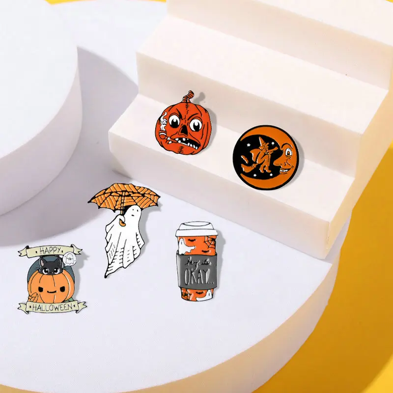 Pin Custom Coffee Moon Ghost Pumpkin Umbrella Brooches Backpack Clothes Lapel Pin Fun Badge Jewelry Gift Happy Halloween Enamel