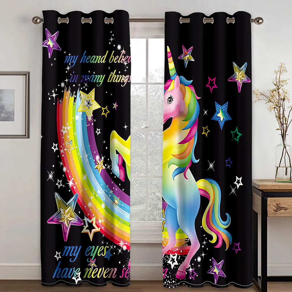 

Children's Favorite Rainbow Horse Curtains 3D Digital Print Unicorn Sunshade Curtains Living Room Bedroom Kids Room Study Decor