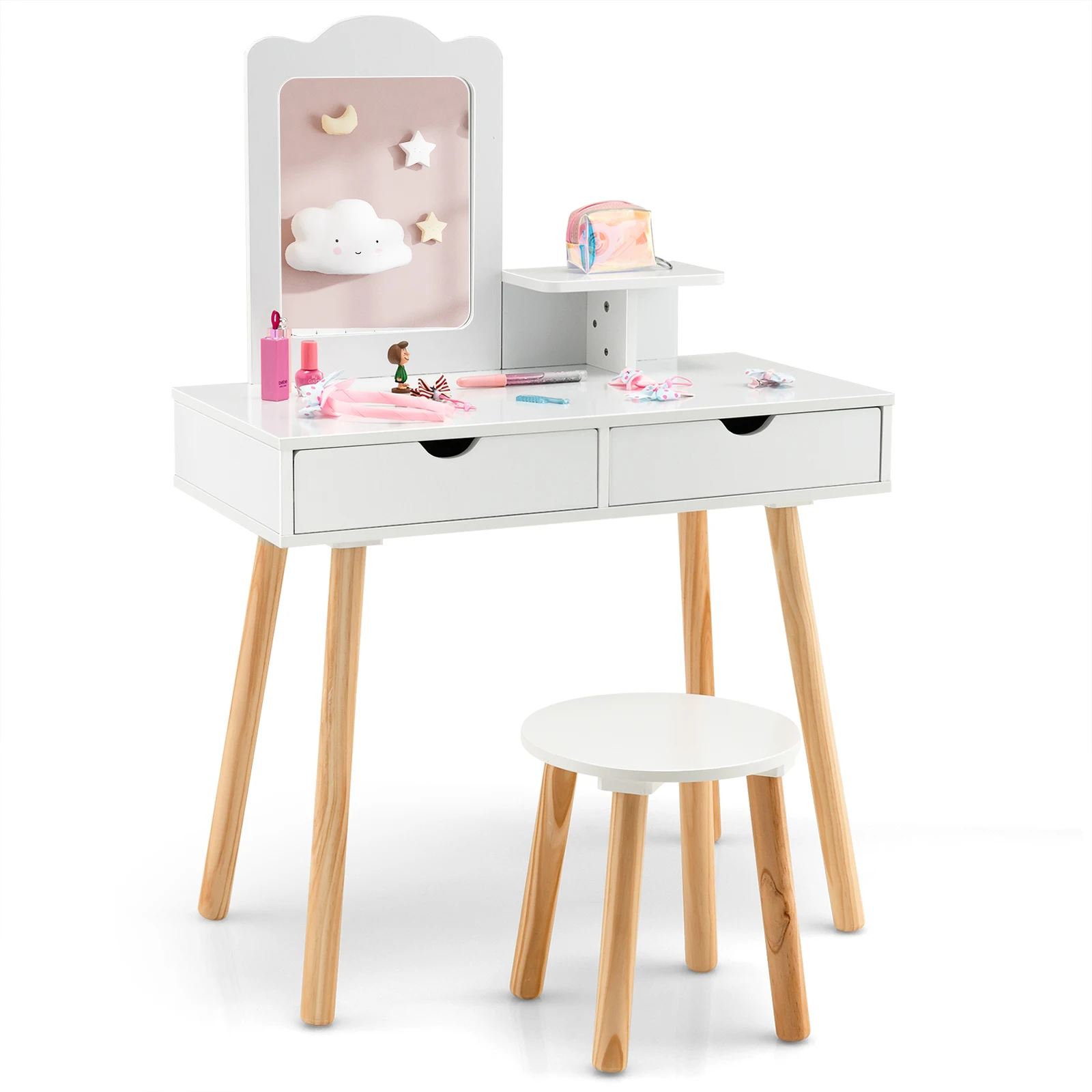 Kid Vanity Table Chair Set with Mirror Large Storage Drawers Wooden Legs White