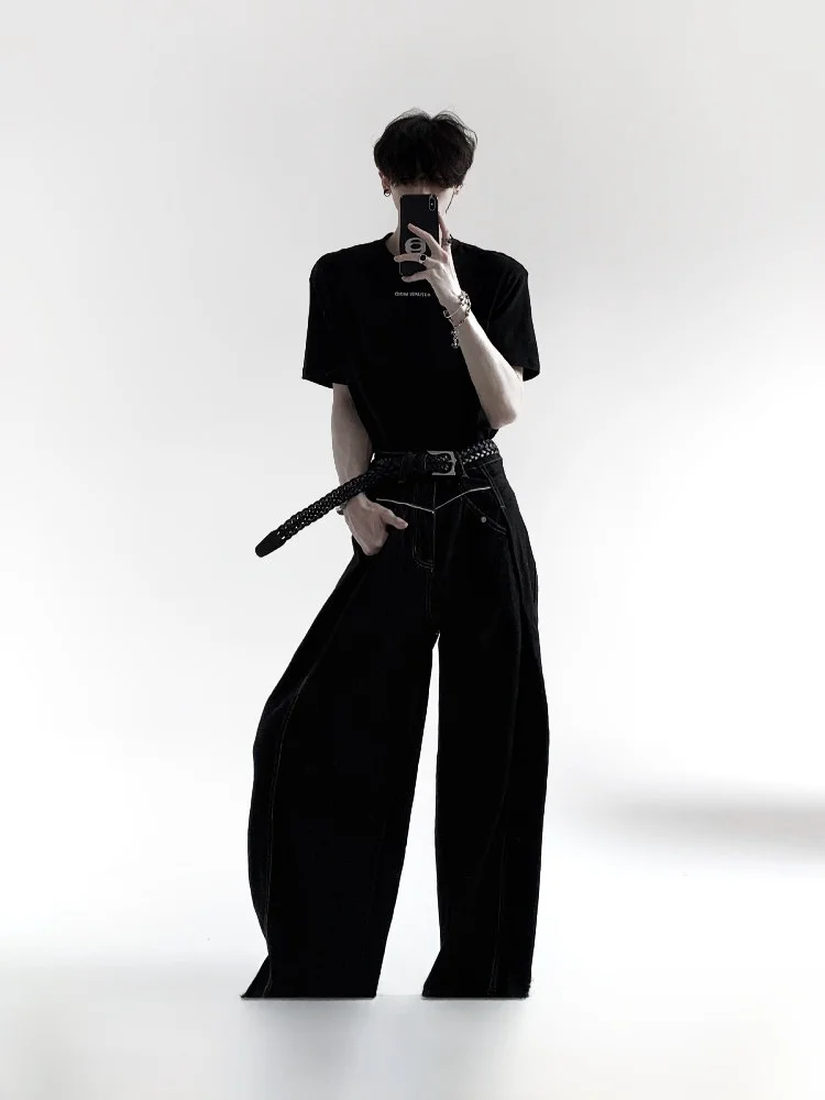 Autumn Mountain Wind Men's Wide Leg Denim Jeans 3D Silhouette Loose Retro Danning Pants High Waist Straight Tube Casual Jeans