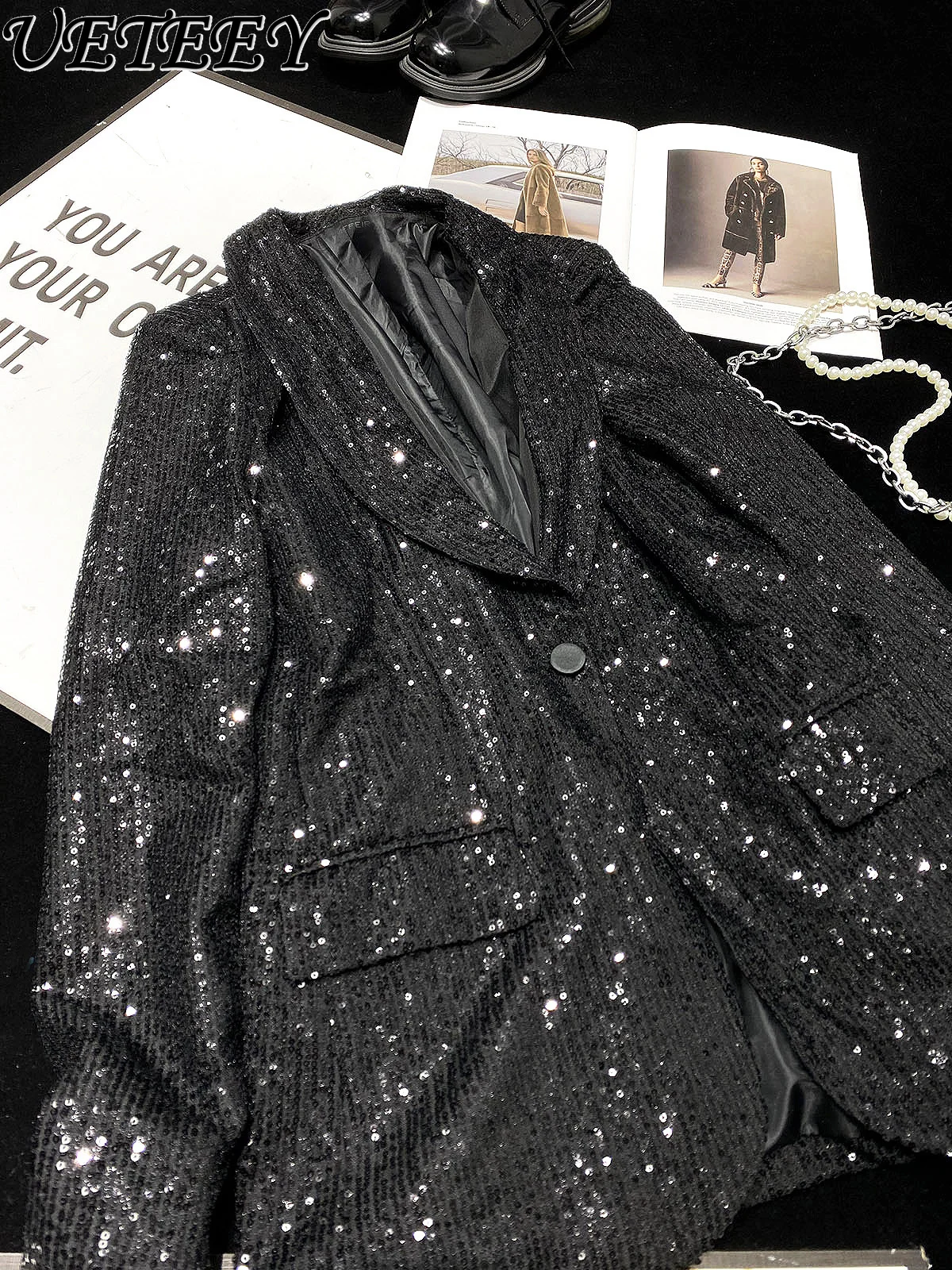 

High Street Fashionable Sequined Black Suit Jacket Women Luxury Glitter Slim Fit Suit Blazer Mid-Length Lapel Long Sleeve Coat