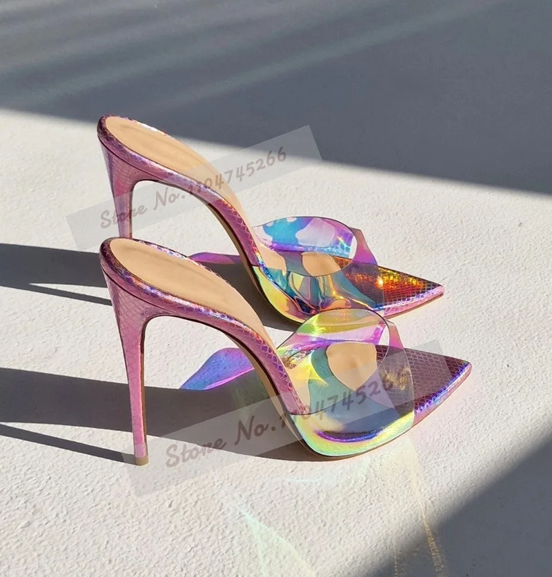 الهولوغرام قزحي الألوان واضح بولي كلوريد الفينيل عالية الكعب البغال الوردي جلد الثعبان أشار تو فساتين راقية النعال الانزلاق على الصنادل الأنيقة مضخات