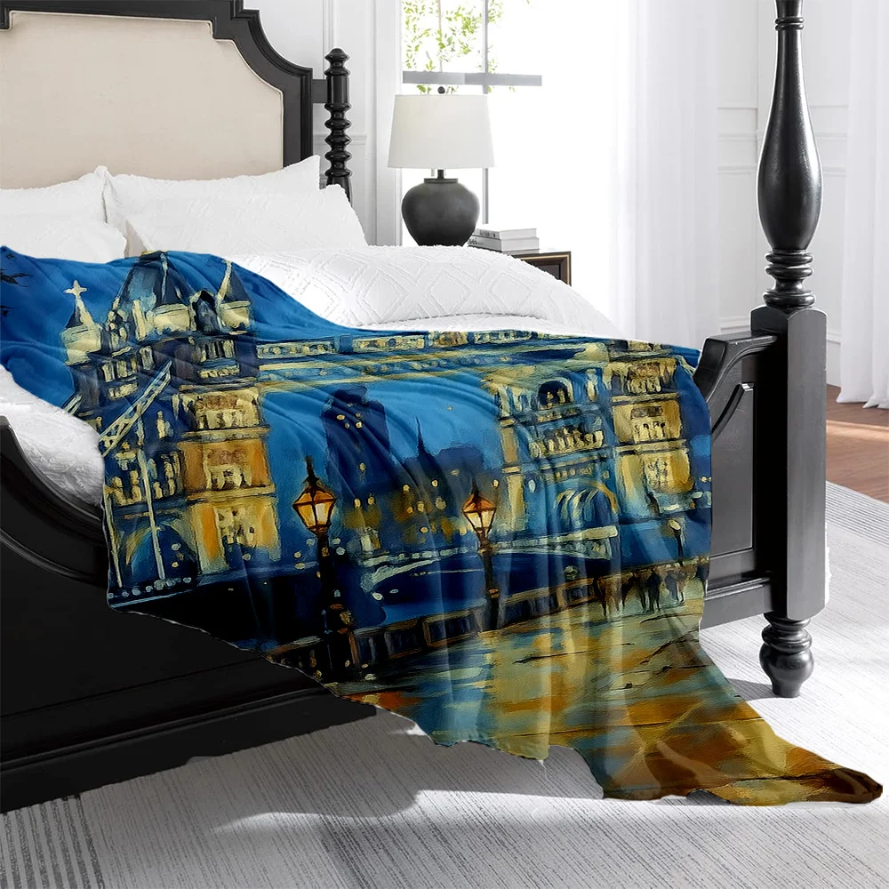1pc London Tower Bridge Night Scene Print Flannel Blanket - High-Thermal Weight, Soft & Smooth, All-Season Cozy Throw for Bed
