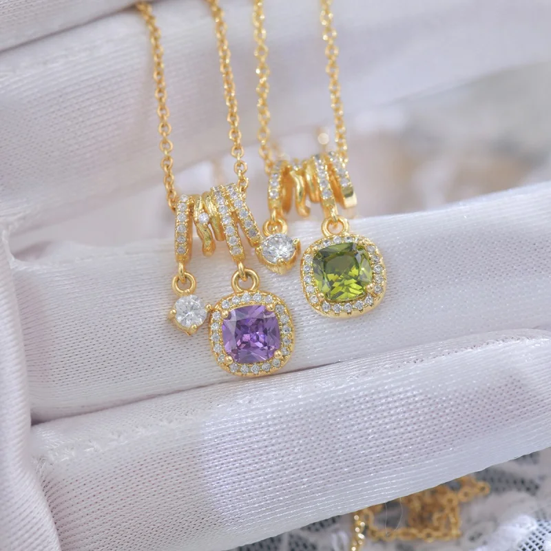 French Summer Fashion Square Crystal Pendant Necklace Women Classic Stainless Steel Clavicle Chain Jewelry Accessories Gifts