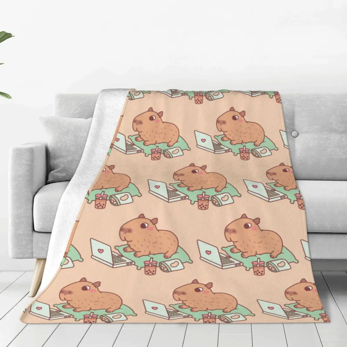 Capybara With Laptop And Snacks Merchandise Blanket Fleece Home Cute Capybara Blankets Relax Lightweight for Travel Bedspread