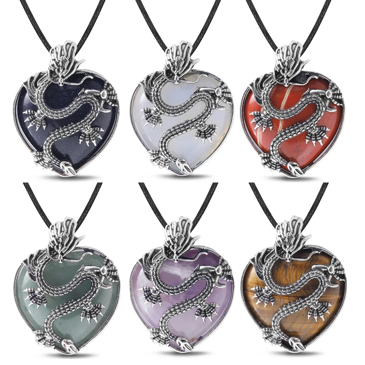 

Vintage Animal Dragon Man Necklace Natural Stone Purple Crystal Heart Pendant for Women Amethysts Rose Pink Quartz Jewelry Gift