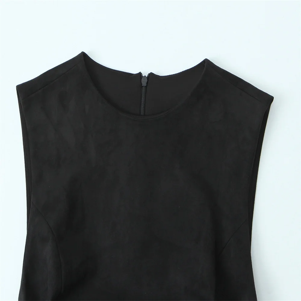 Outono novo vestido curto feminino em camadas de camurça decorativa com efeito de textura