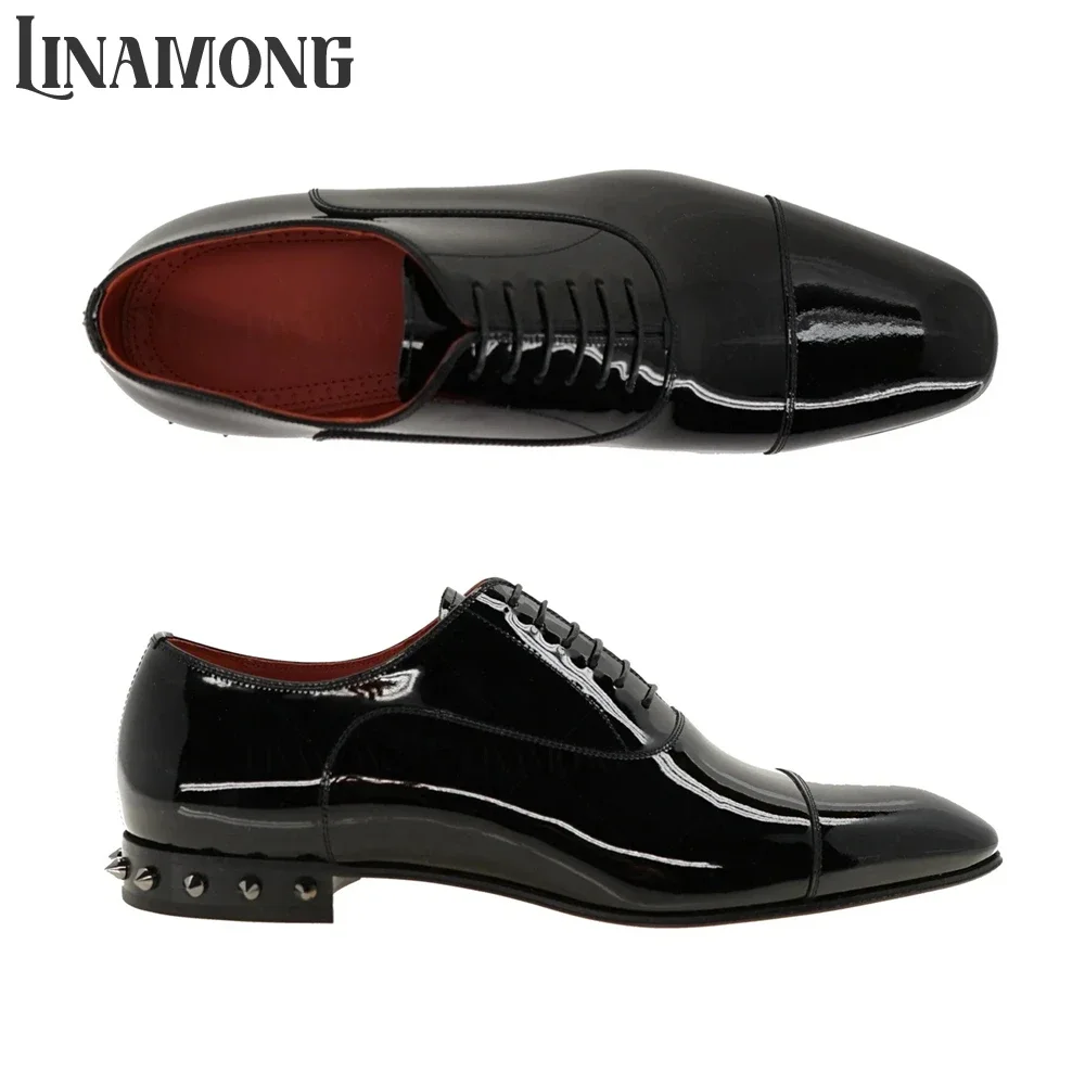 

Мужские туфли-оксфорды из черной лакированной кожи с заклепками, на массивном каблуке, с круглым носком, на шнуровке, дизайнерские, ручной работы