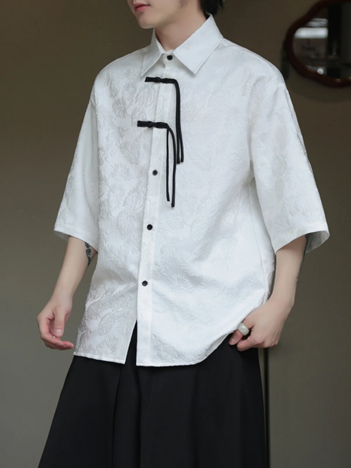 

Белая мужская рубашка с коротким рукавом, премиум-класса, с цветочной вышивкой, на пуговицах, летняя, новая, в китайском стиле, танский костюм