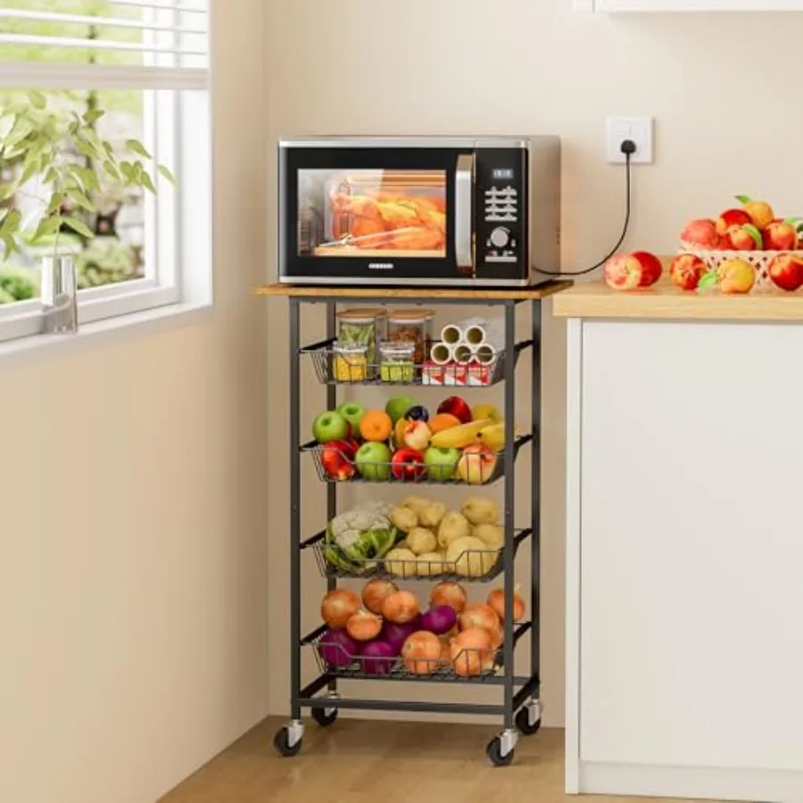 

Kitchen Microwave Cart with Fruit Baskets 5 Tier Microwave Table Stand with Fruit Vegetable Storage Small Rolling Cart on Wheel