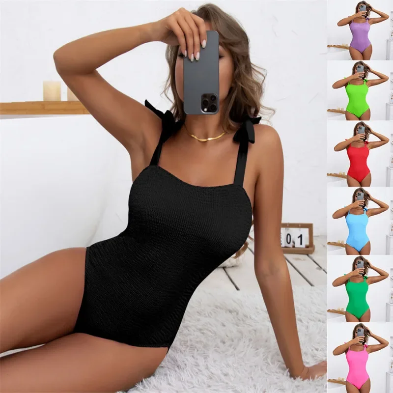 

Women's One-Piece Swimsuit Wave Pattern Folded Design Belted Cross-Border Popular Pure Color Swimwear Multi-Color Available