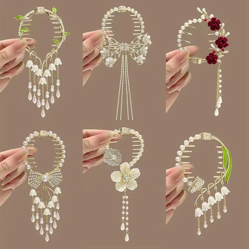 Lily of The Valley Flower Girl Elegant Hair Ponytail Buckle Pearl Rhinestone Tassel Shark Hair Clips Hairband Hair Accessories