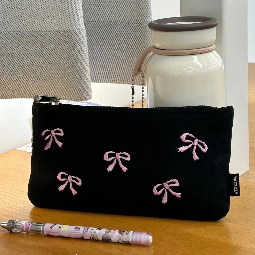 

New Canvas Cute Bow Embroidered Bag Bowknot Square Shape Cosmetics Bag Kawaii Cute Print Pencil Case Stationery Storage Bag
