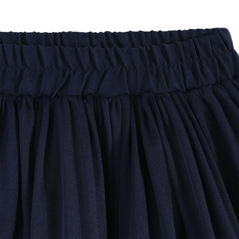 Girls Navy Pleated Skirt Light Blue Ruffle Hem Two Stripes Elastic Waist Anti-Exposure Skort Teen Kids Sweet Daily Bottom 4-15Y