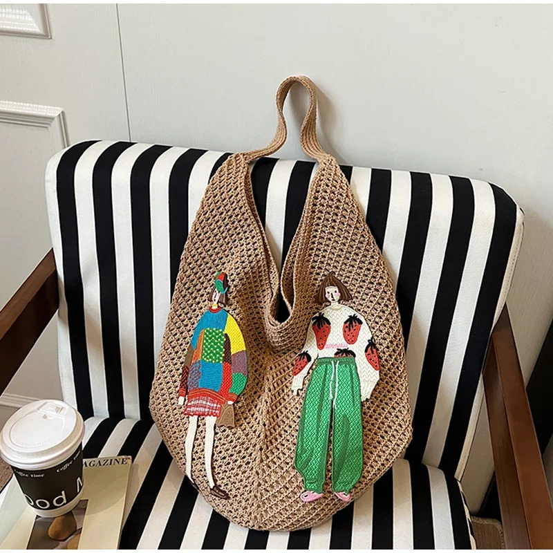 Hohle gestrickte Umhängetasche aus Netzstoff, Strandurlaub, lässige, schicke Cartoon-Einkaufstasche, leichte, lässige, gewebte Damenhandtasche mit Entspannung – Detail 11
