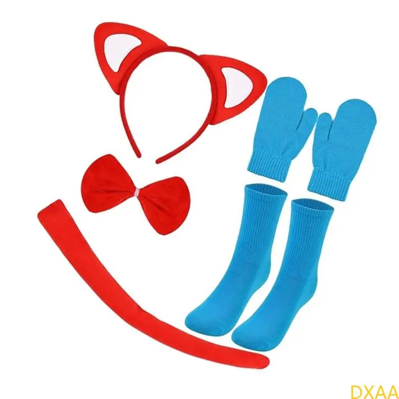 dxaa猫テールキャッツイヤーヘッドバンドボウタイグローブソックスキッズハロウィーンキャッツコスチュームセット