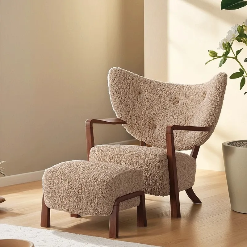 Wabi Sand Wind Medieval Leisure Chair Lamb Fleece Retro Living Room Balcony Solid Wood Leisure Chair Meeting Guests