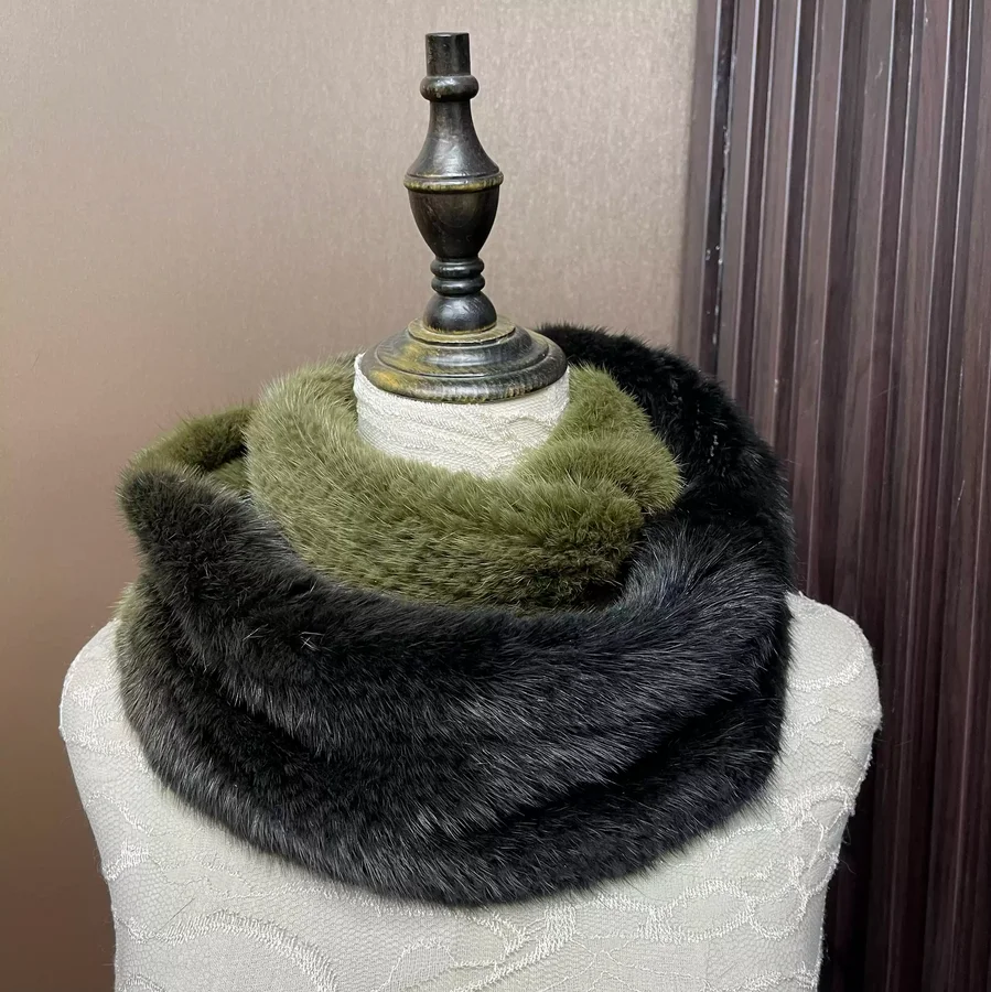 أومبير اللون حقيقية فرو المنك وشاح للنساء الدافئة محبوك إنفينيتي حلقة دائرة الشتاء الإكسسوارات #1