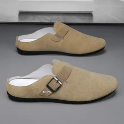 Summer Light Khaki Half Shoes For Men Dress Shoes Mules Man Slides Leather Casual Shoes Backless Loafers Slippers Flats Sandals