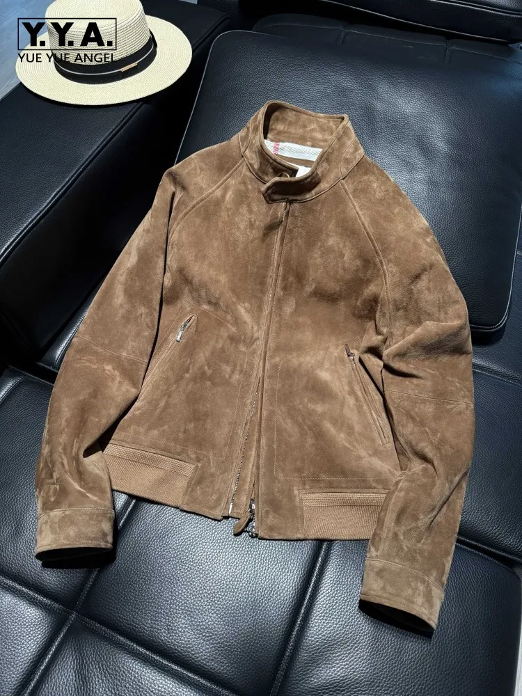 

Designer Mens Vintage Suede Sheepskin High Quality Genuine Leather Jacket Stand Collar Spring Outerwear Motorcycle Short Coat