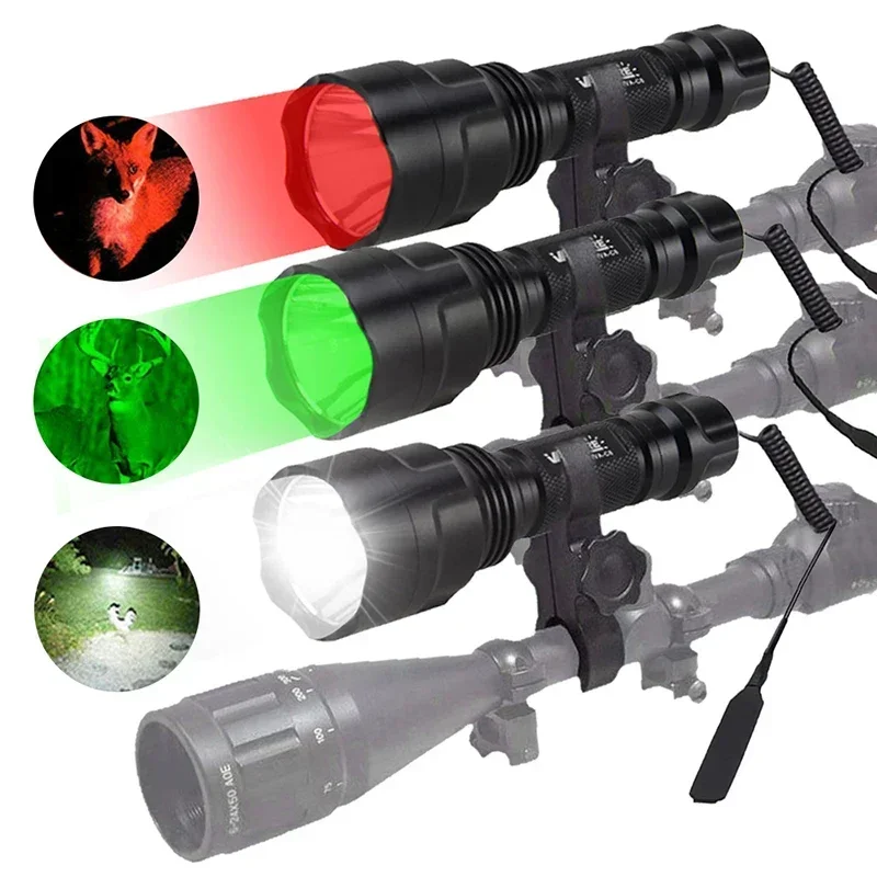 C8 LED Flashlight White/Green/Red Tactical Hunting Rifle Lantern+Pressure Switch+Rail Scope Mount+18650+USB Charger