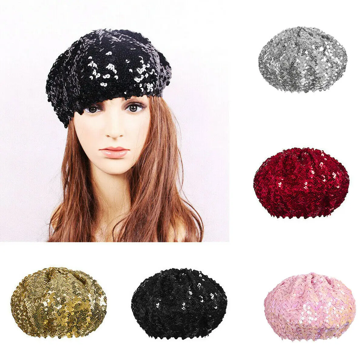 Stylish Newly Fashion Ladies Girls Sequins Shinny Beret Hat Party Dance Disco Caps 5 Colors Bling Solid Color Women Accessories