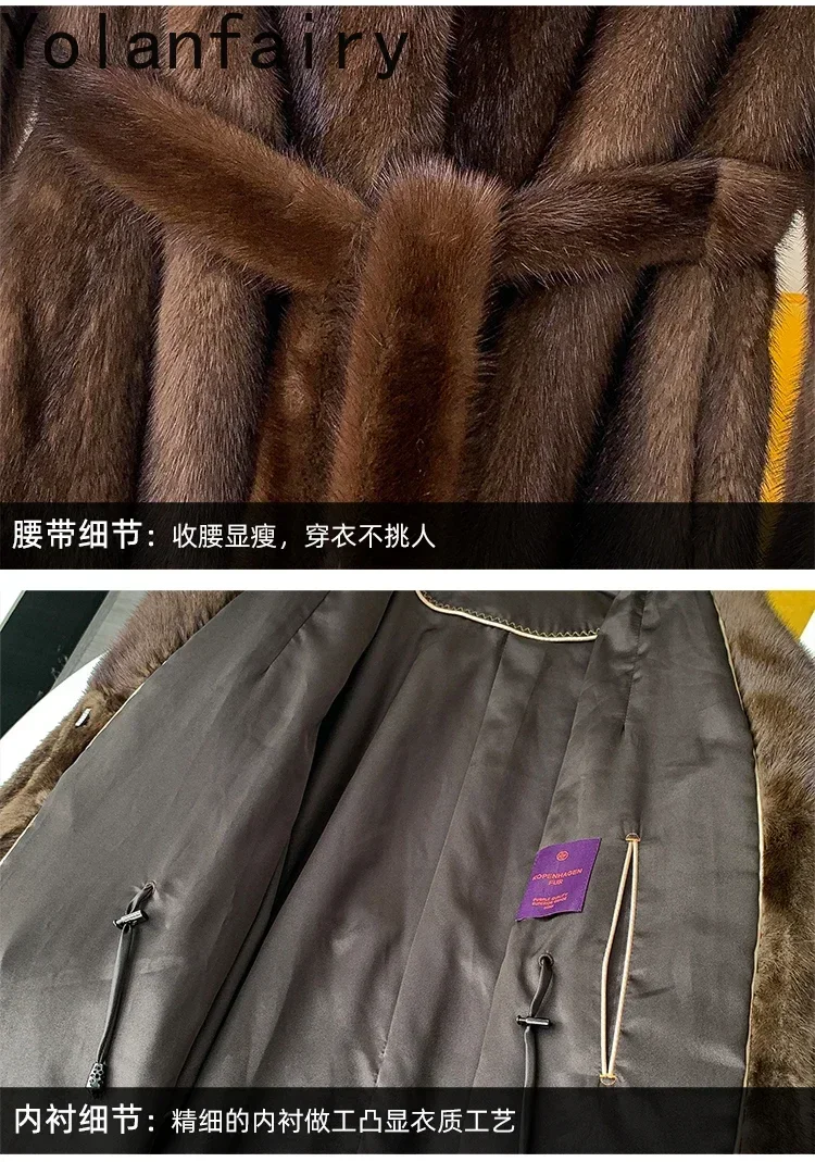 YOLANFAIRY معطف الشتاء الفراء الحقيقي المرأة دعوى طوق المخملية معاطف فرو المنك الكامل للنساء سترات طويلة من الفرو كم سحب الدانتيل يصل