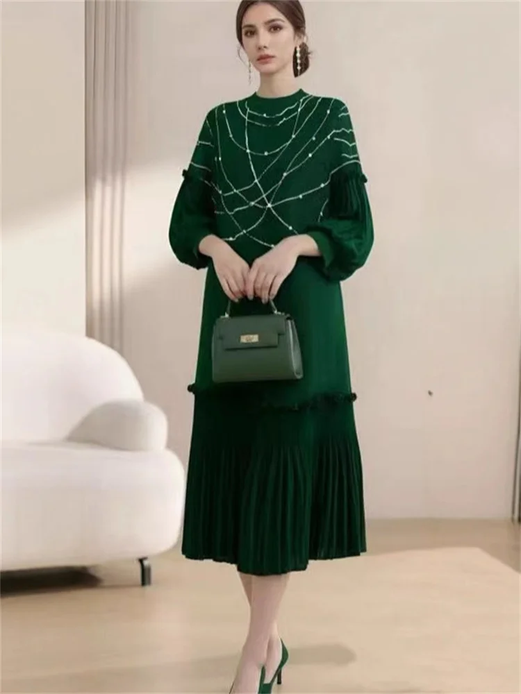 Miyake pleats, women's clothing, printed beads, O-neck lantern sleeves, loose, ruffles, dress, elegant, fashionable, 2026 new view 3