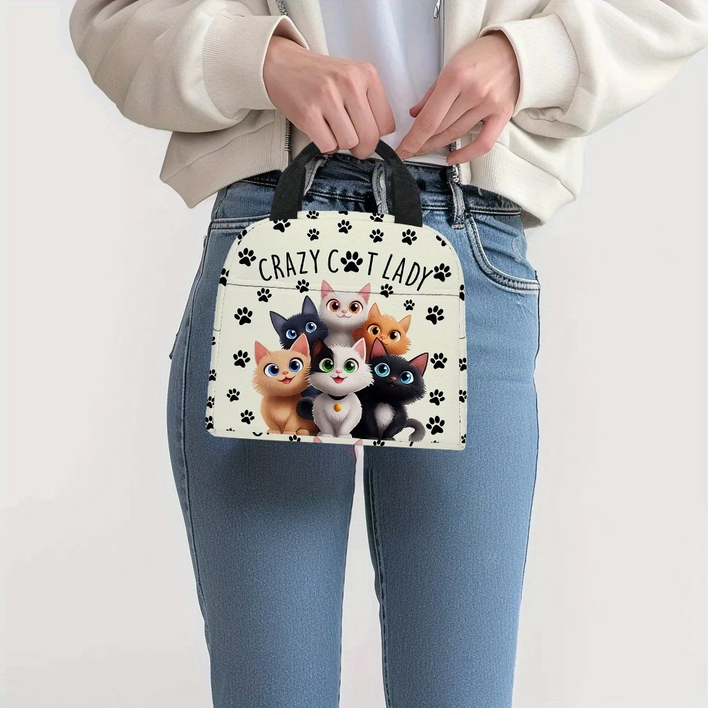 Crazy Cat Lady Bolsa de almuerzo aislada para el trabajo, viajes y picnics Diseño juguetón Bolsa con asa duradera, bolsa de almuerzo