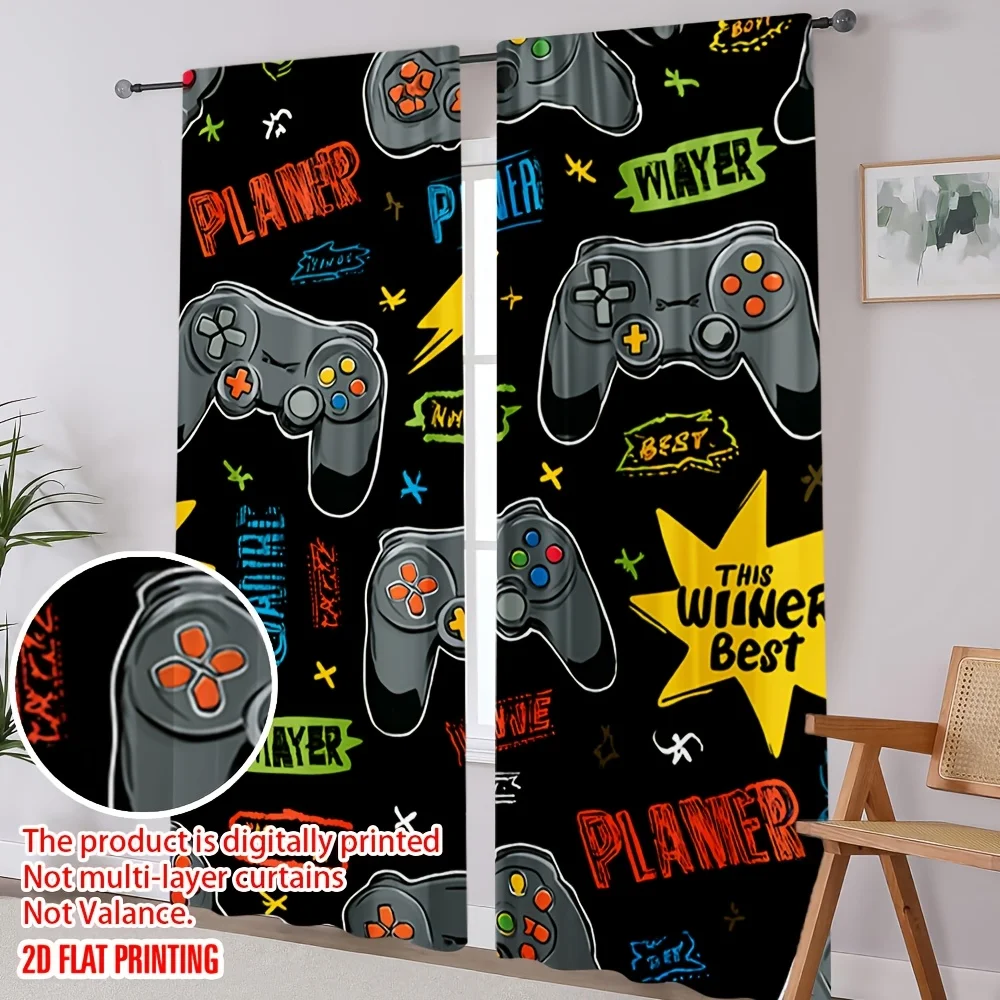 2PCS Digital Printed Curtains, Graffiti Game Console Pattern, Beautiful Window Drapes for Living Room Bedroom Home Decor