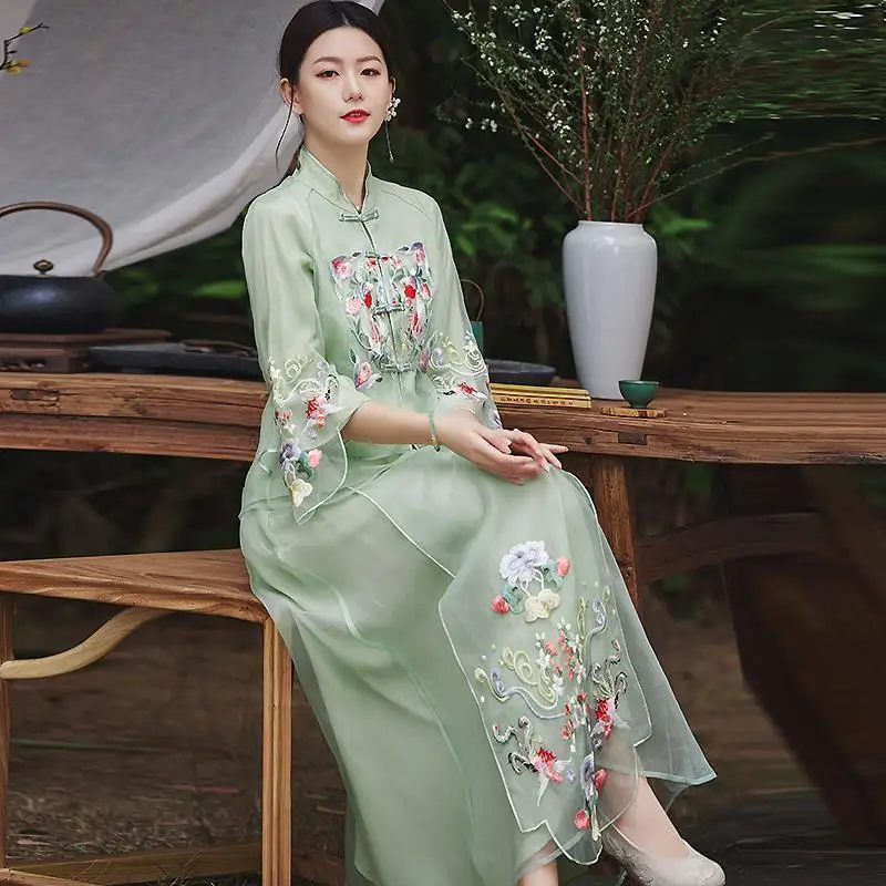 Zen Tea Art Improved Cheongsam Top Young Lady Ao Dai Dress Tang Suit women's Chinese Style Embroidery Retro Half Skirt Hanfu Set - Image 6