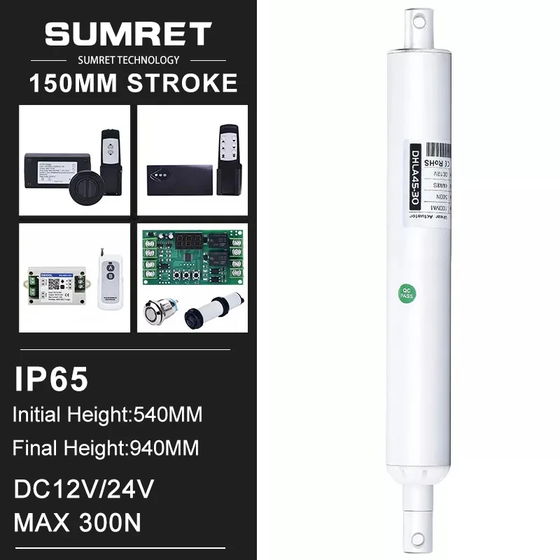 

150mm Stroke Electric Linear Actuators Kit With RF Motor Controller 433hz Remote DC12V 24V 300N Reciprocate Straight Pen Type