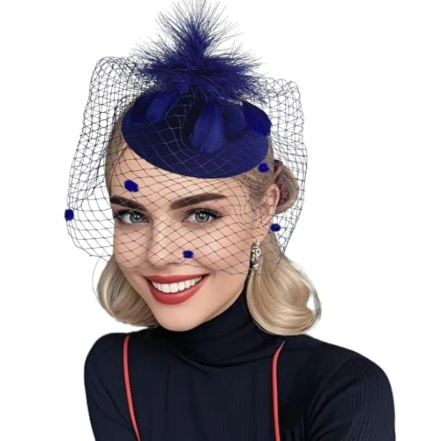 Fascinator Hats for Women Tea Party Veil Feather Fancy Pillbox Hat 20s 50s