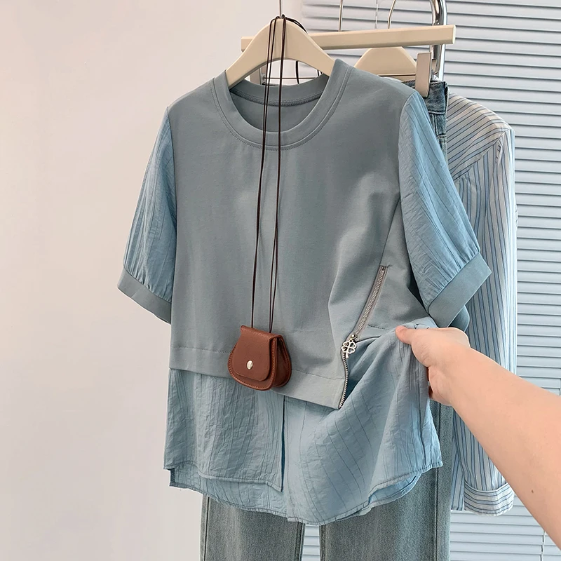 

Summer New plus Size Loose Casual Splice Slimming T-irt ort Sve Cover Belly Cotton Blend Comfortable round Ne Top