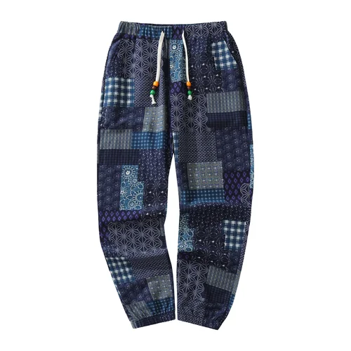 Imagen 1 del producto Pantalones informales de lino y algodón para hombre, talla europea, estampado étnico Paisley, cintura media, cierre con cordón, pantalones informales para primavera/otoño