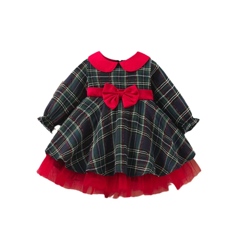 2025 Fashion New Style Festival New Year Atmosphere Girl Christmas Checkered Bow Dress